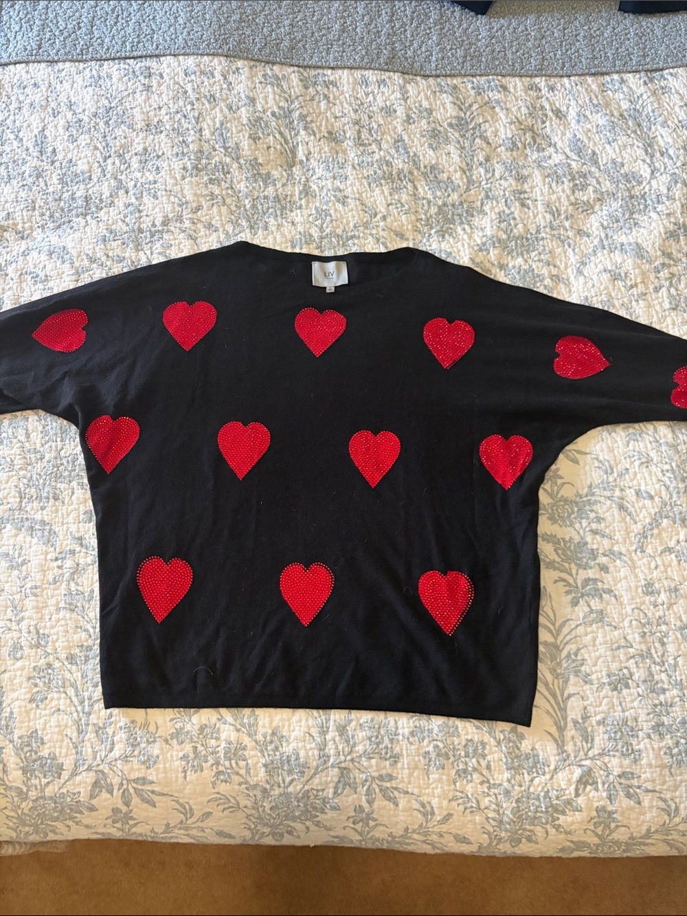 Milano Black Sweater with Red Beaded Heart Detail